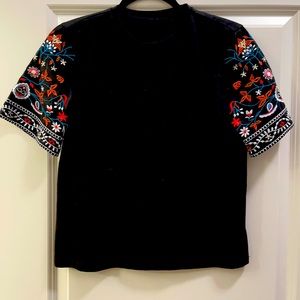 Black Tee with Embroidered Sleeves